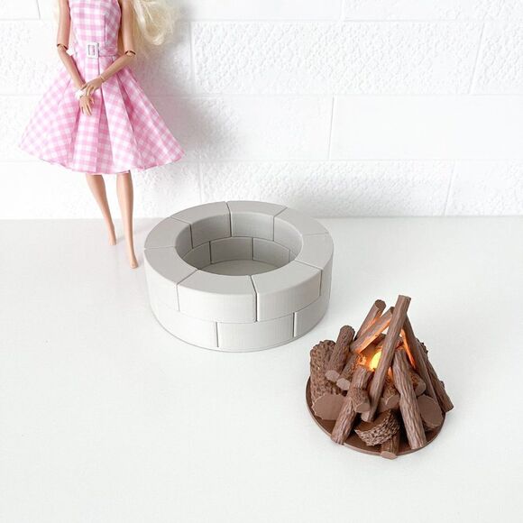 Beige Miniature Round Firepit W/Flickering Logs for Barbie 1:6 Scale Realistic - Picture 3 of 5